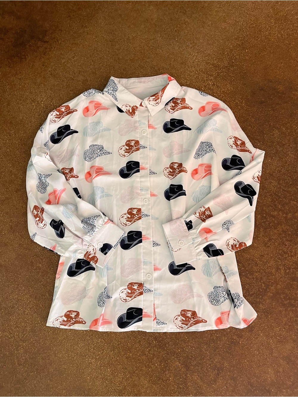 Printed Button-Up Shirt in White with Multicolor Hat Motif